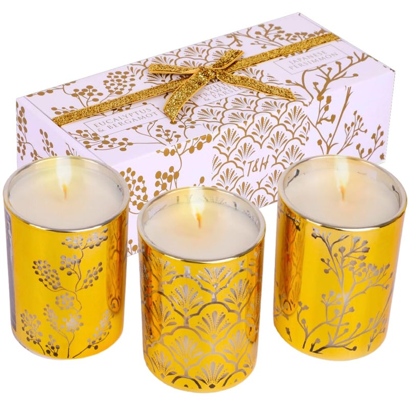 T&H Aromatherapy Candle Gift Set of 3 Scented Candles | Strawberry Parsley, Persimmon, Eucalyptus Bergamot Soy Candles Set, Gold Candle Gifts, Relaxing Aromatherapy Candles Gift Set for Women and Men - Image 1